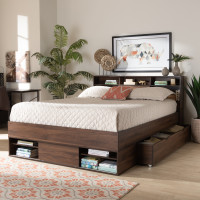 Baxton Studio SEBED13017026-Columbia-Queen Tristan Modern and Contemporary Walnut Brown Finished Wood 1-Drawer Queen Size Platform Storage Bed with Shelves